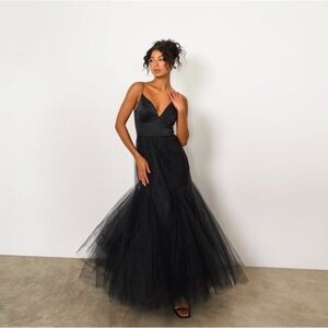HUTCH Lucia V Neck Tulle Black Maxi Dress 10